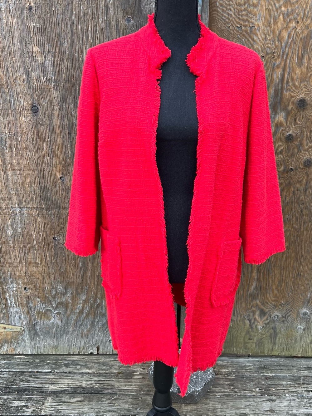 Chico’s Red Cotton Boucle’ Tweed Texture with Fringe Trim